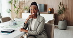 Happy, black woman and face with pride in boardroom for project management or development in office. Portrait, female person or business analyst with smile in conference room for company improvement