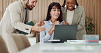 Finance, good news or team in office with laptop, celebration clap or approval of investment proposal. Collaboration, people or analyst with tech, revenue growth or applause in funding success.