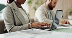 Hands, woman and laptop with coworking in office for editing manuscript, publication or copywriting. Staff, female journalist and typing on tech at publishing agency for article draft and submission