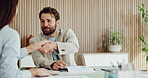 People, handshake and team with report, office and research for investment opportunity or discussion. Happy, wealth manager and colleagues with document for risk assessment, shaking hands and talk