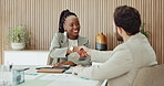 Handshake, meeting and business people in office with deal, agreement or finance contract. Happy, partnership and financial manager shaking hands with client for investment negotiation in workplace.