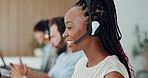 Smile, woman and talk with headset at call centre for consultation, customer service and advice, Agent, coworking and mic with online query, client support and crm discussion for technical assistance