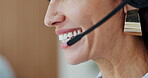 Telemarketing, mouth and consultant with mic, office and discussion with contact for lead generation. Laughing, woman and communication for sales with tech, consultation and listening with headset
