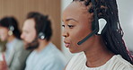 Business, woman and talk with headset at call centre for consulting, customer service and advice, Agent, coworking and mic for online query, client support and crm discussion for technical assistance
