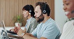Man, talking and laptop with headset at call centre for consultation, customer service and advice, Agent, coworking and pc for online query, client support and crm discussion for technical assistance