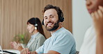Microphone, coworking and face of man in call center for customer support, help desk and about us. Happy agent, staff and person with technology for inbound assistance, friendly service and advice