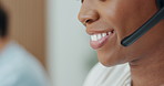 Mouth, woman and call center agent with mic in office for online consultation with crm contact us. Happy, talk and female technical support consultant with headset for customer service in workplace.