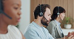 Business, man and talk with headset at call centre for consultation, customer service and advice, Agent, coworking and mic with online query, client support and crm discussion of technical assistance