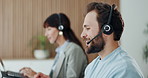 Smile, man and talk with headset at call centre for consultation, customer service and advice, Advisor, coworking and mic with online query, client support and crm discussion for technical assistance