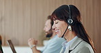 Happy, woman and talk with headset at call centre for consultation, customer service and advice, Agent, coworking and mic with online query, client support and crm discussion for technical assistance