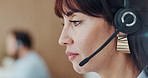 Woman, talking and headset at call centre in office for consultation, customer service and advice. Agent, coworking and mic with online query, client support and crm feedback for technical assistance