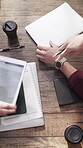 Creative, team and hands with tech, cafe and planning for ad campaign with laptop screen and online. Above, colleagues and people with tablet for article, digital marketing and meeting with report