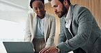 Business people, discussion and laptop with proposal for company development or improvement. Businessman, woman and conversation with computer for project ideas, review tasks or report in workplace