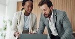Team, meeting and people with laptop, office or financial analysis for investment opportunity on web. Business, collaboration and colleagues with tech for risk management, wealth manager and talking