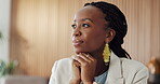 Creative, thinking and black woman in office with idea, contemplation and inspiration for marketing. Female person, reflection and daydream in workplace with advertising strategy, vision or planning.