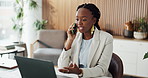 Contact, laptop and woman with phone call in office for venue inquiry, booking process and update. Event planner, black person and mobile discussion with supplier for budget negotiation and feedback