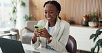 Black woman, phone and realtor with typing at office for feedback, happy and contact on web. Person, smartphone and real estate agent with mobile app, smile or check notification at property agency