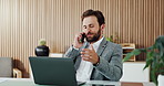 Contact, laptop and man with phone call in office for venue inquiry, booking process and information. Event planner, happy person and mobile discussion with client for vendor negotiation and feedback