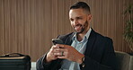 Phone, happy and business man in airport lounge for layover notice, flight schedule and contact. Communication, boarding pass and travel update with person and tech in lobby for waiting room