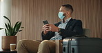 Business, smartphone and man in airport, face mask for compliance and digital app for schedule. Person, employee and professional with cellphone, protection and travel policy for safety and internet