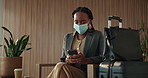 Business, smartphone and black woman in airport, face mask for compliance and digital app for schedule. Person, restrictions or employee with cellphone, luggage or travel policy for safety or network