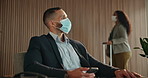 Business, cellphone and man in airport, face mask for protection and digital app for schedule. Person, reflection or professional with smartphone, compliance and travel policy for safety and internet