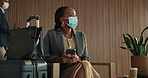 Business, smartphone and woman in airport, face mask for compliance and digital app for travel info. Person, thinking and employee with cellphone, connection and policy for safety, delay and luggage