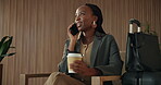 Phone call, coffee and business black woman in airport for layover notice, flight schedule and contact. Communication, boarding pass and travel update with person in lobby for departure lounge