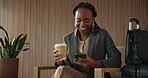 Phone, coffee and business black woman in airport for layover notice, flight schedule and contact. Communication, boarding pass and travel update with person and tech in lobby for departure lounge