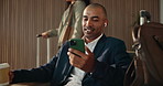 Businessman, lobby and video call with phone, suitcase and smile for travel and chat. Male person, happy and greeting with hello, accommodation and conversation for virtual meeting on work trip