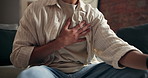 Hands, person and discomfort of chest pain at house for heart attack, lung infection and pressure. Chronic, risk and cardiac emergency of respiratory distress, rapid heartbeat and shortness of breath