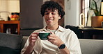 Man, thinking and smell coffee on sofa with aroma in lounge for reflection, break and relax at house. Person, smile and perspective with beverage, drinks or flavor on couch in living room in home