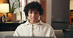 Laptop, speaking or man with headset for remote work, online help desk or troubleshooting assistance. Tech support, talking or virtual assistant with customer care in home, hotline or problem solving