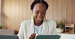 Smile, tablet and black woman in workplace, typing and online reading for article submission. African person, copywriting and journalist in office, tech or website to check column facts or creativity