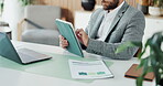 Finance, hands and tablet with business man at desk in office for accounting report or review. App, investment or stock market trading with financial employee in workplace for wealth management