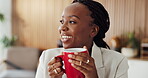 Happy, thinking and black woman in office with coffee, inspiration and idea for advertising startup. Thought, person and smell tea in workplace with smile, reflection and vision for marketing agency.