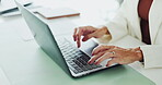 Finance, hands and laptop with business woman at desk in office for accounting report or review. Computer, stock market and trading with financial employee in workplace for wealth management