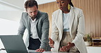 Business people, conversation and laptop with ideas in office for company proposal or project. Businessman, woman or employees with computer or discussion for planning, development or work strategy