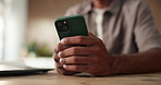 Typing, phone and hands of business man in office for social media, online message and networking. Startup, creative agency and person on smartphone for email reply, communication or contact on break