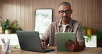 Scroll, tablet and man with laptop, office and info for campaign on web and copywriter with glasses. Online, typing and person with tech for article, email marketing or research with social media app