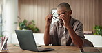Eye strain, programmer and glasses with man and laptop for algorithm glitch, code error or tired. Cyber security breach, burnout and vision fatigue with person in office for developer stress