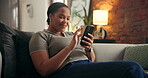 Phone, scroll and smile with black woman on sofa for ebook subscription, relax and contact. Digital reading app, online blog and communication with person in living room of home for weekend break