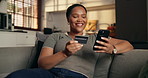 Credit card, happy and black woman on sofa with phone for online shopping, website store and purchase. Home, relax and person with bank app for ecommerce, payment and digital subscription for sale