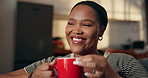 Woman, thinking and laugh with coffee, lounge and daydream on couch, relax and comfortable on break. Sniffing, caffeine and black person with hot beverage on weekend, happiness and reflection in home