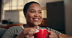 Thinking, aroma and black woman with coffee on sofa for resting, wellness and reflection on weekend. Home, happy and person on couch with beverage, drink and tea for calm, thoughtful and daydreaming