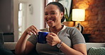 Morning, sofa and face of black woman with coffee for rest, wellness and satisfaction on weekend. Home, smile and portrait of person on couch with beverage, drink and aroma for calm, peace and relax