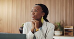 Laptop, thinking and black woman in office with idea, contemplation and vision for marketing project. Person, reflection and computer in workplace with advertising strategy, inspiration and planning.