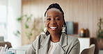 Face, black woman and smile in office for journalism career, news reporting and job development. Publishing agency, journalist and happy for creative opportunity, ambition and about us in newsroom
