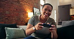 Gaming, playful and relax with black woman on sofa for streaming, esports tournament or challenge. Level up, gamer competition and happy with pov of person in living room of home with controller