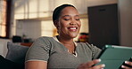 Tablet, search and smile with black woman on sofa for ebook subscription, relax and contact. Digital reading app, online blog and communication with person in living room of home for weekend break